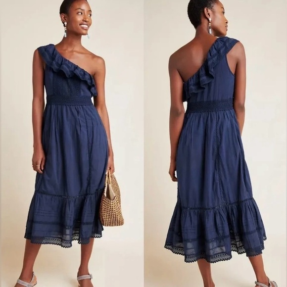 Anthropologie Velvet by Graham & Spencer One-Shoulder Lace Midi Dress Small blue - Picture 5 of 12